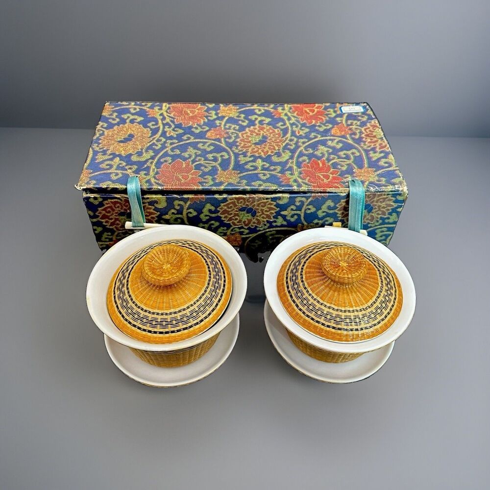 Vintage Chinese Bamboo Woven Porcelain Gaiwan Set of 2 Tea Ceremony Boxed Rare